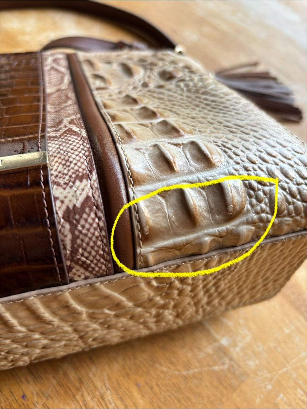 Brahmin Hilary Crossbody Beige and Brown Croc-Embossed Leather with Tassel - Picture 15 of 16